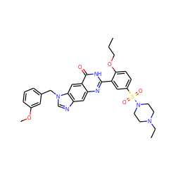 CCCOc1ccc(S(=O)(=O)N2CCN(CC)CC2)cc1-c1nc2cc3ncn(Cc4cccc(OC)c4)c3cc2c(=O)[nH]1 ZINC000027556439