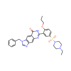 CCCOc1ccc(S(=O)(=O)N2CCN(CC)CC2)cc1-c1nc2cc3ncn(Cc4ccccc4)c3cc2c(=O)[nH]1 ZINC000027556373