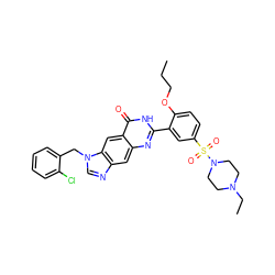 CCCOc1ccc(S(=O)(=O)N2CCN(CC)CC2)cc1-c1nc2cc3ncn(Cc4ccccc4Cl)c3cc2c(=O)[nH]1 ZINC000027557791