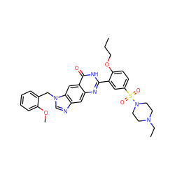 CCCOc1ccc(S(=O)(=O)N2CCN(CC)CC2)cc1-c1nc2cc3ncn(Cc4ccccc4OC)c3cc2c(=O)[nH]1 ZINC000027557167