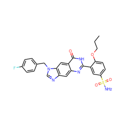 CCCOc1ccc(S(N)(=O)=O)cc1-c1nc2cc3ncn(Cc4ccc(F)cc4)c3cc2c(=O)[nH]1 ZINC000011363881