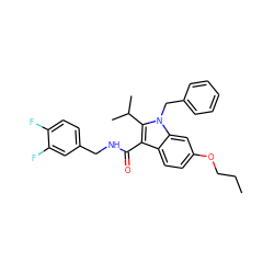 CCCOc1ccc2c(C(=O)NCc3ccc(F)c(F)c3)c(C(C)C)n(Cc3ccccc3)c2c1 ZINC000096172078