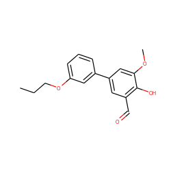 CCCOc1cccc(-c2cc(C=O)c(O)c(OC)c2)c1 ZINC000169699585