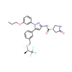 CCCOc1cccc(-n2nc(NC(=O)[C@@H]3CNC(=O)C3)cc2-c2cccc(CO[C@H](C)C(F)(F)F)c2)c1 ZINC000169707361