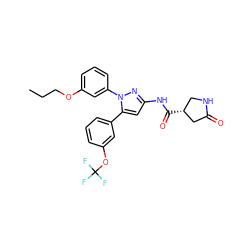 CCCOc1cccc(-n2nc(NC(=O)[C@@H]3CNC(=O)C3)cc2-c2cccc(OC(F)(F)F)c2)c1 ZINC000169707352