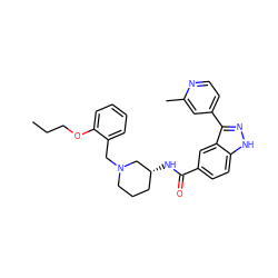 CCCOc1ccccc1CN1CCC[C@@H](NC(=O)c2ccc3[nH]nc(-c4ccnc(C)c4)c3c2)C1 ZINC000147761627