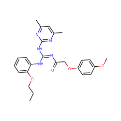 CCCOc1ccccc1NC(=NC(=O)COc1ccc(OC)cc1)Nc1nc(C)cc(C)n1 ZINC000018285969