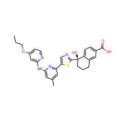 CCCOc1ccnc(Nc2cc(C)cc(-c3cnc([C@@]4(O)CCCc5cc(C(=O)O)ccc54)s3)n2)c1 ZINC000142023223