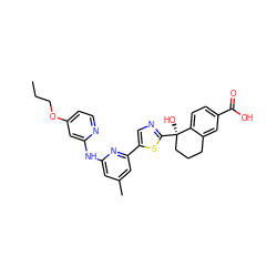 CCCOc1ccnc(Nc2cc(C)cc(-c3cnc([C@]4(O)CCCc5cc(C(=O)O)ccc54)s3)n2)c1 ZINC000141976498