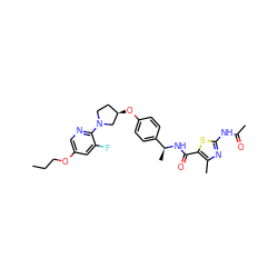 CCCOc1cnc(N2CC[C@@H](Oc3ccc([C@H](C)NC(=O)c4sc(NC(C)=O)nc4C)cc3)C2)c(F)c1 ZINC000169709241