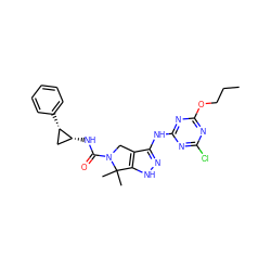 CCCOc1nc(Cl)nc(Nc2n[nH]c3c2CN(C(=O)N[C@@H]2C[C@@H]2c2ccccc2)C3(C)C)n1 ZINC000147482683