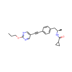 CCCOc1ncc(C#Cc2ccc(C[C@@H](C)NC(=O)C3CC3)cc2)cn1 ZINC000113412036