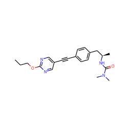 CCCOc1ncc(C#Cc2ccc(C[C@@H](C)NC(=O)N(C)C)cc2)cn1 ZINC000113412319