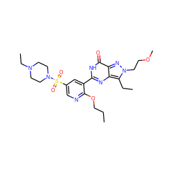 CCCOc1ncc(S(=O)(=O)N2CCN(CC)CC2)cc1-c1nc2c(CC)n(CCOC)nc2c(=O)[nH]1 ZINC000082149979