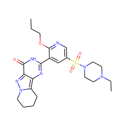 CCCOc1ncc(S(=O)(=O)N2CCN(CC)CC2)cc1-c1nc2c3n(nc2c(=O)[nH]1)CCCC3 ZINC000038404783