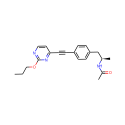 CCCOc1nccc(C#Cc2ccc(C[C@@H](C)NC(C)=O)cc2)n1 ZINC000169706369