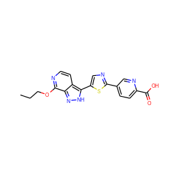 CCCOc1nccc2c(-c3cnc(-c4ccc(C(=O)O)nc4)s3)[nH]nc12 ZINC000653787384