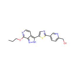 CCCOc1nccc2c(-c3cnc(-c4ccc(CO)nc4)s3)[nH]nc12 ZINC000653799883