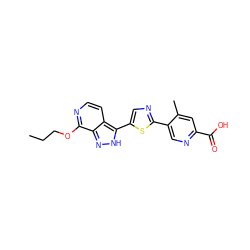 CCCOc1nccc2c(-c3cnc(-c4cnc(C(=O)O)cc4C)s3)[nH]nc12 ZINC000653787458