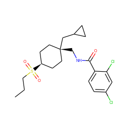 CCCS(=O)(=O)[C@H]1CC[C@](CNC(=O)c2ccc(Cl)cc2Cl)(CC2CC2)CC1 ZINC000101536304