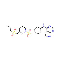 CCCS(=O)(=O)C[C@H]1CCCN(S(=O)(=O)C[C@H]2CC[C@H](N(C)c3ncnc4[nH]ccc34)CC2)C1 ZINC000261149022