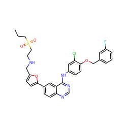 CCCS(=O)(=O)CCNCc1ccc(-c2ccc3ncnc(Nc4ccc(OCc5cccc(F)c5)c(Cl)c4)c3c2)o1 ZINC000034800116