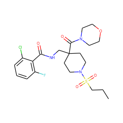 CCCS(=O)(=O)N1CCC(CNC(=O)c2c(F)cccc2Cl)(C(=O)N2CCOCC2)CC1 ZINC000036143442