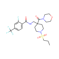 CCCS(=O)(=O)N1CCC(CNC(=O)c2ccc(C(F)(F)F)cc2F)(C(=O)N2CCOCC2)CC1 ZINC000036143427