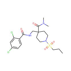 CCCS(=O)(=O)N1CCC(CNC(=O)c2ccc(Cl)cc2Cl)(C(=O)N(C)C)CC1 ZINC000036143446