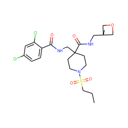 CCCS(=O)(=O)N1CCC(CNC(=O)c2ccc(Cl)cc2Cl)(C(=O)NCC2(C)COC2)CC1 ZINC000036143419