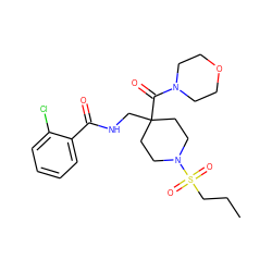 CCCS(=O)(=O)N1CCC(CNC(=O)c2ccccc2Cl)(C(=O)N2CCOCC2)CC1 ZINC000036143466