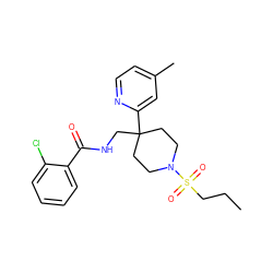 CCCS(=O)(=O)N1CCC(CNC(=O)c2ccccc2Cl)(c2cc(C)ccn2)CC1 ZINC000040394297