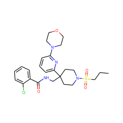 CCCS(=O)(=O)N1CCC(CNC(=O)c2ccccc2Cl)(c2cccc(N3CCOCC3)n2)CC1 ZINC000040872911