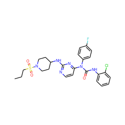 CCCS(=O)(=O)N1CCC(Nc2nccc(N(C(=O)Nc3ccccc3Cl)c3ccc(F)cc3)n2)CC1 ZINC000036761635