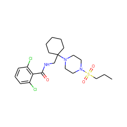 CCCS(=O)(=O)N1CCN(C2(CNC(=O)c3c(Cl)cccc3Cl)CCCCC2)CC1 ZINC000095584264