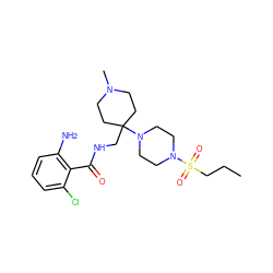 CCCS(=O)(=O)N1CCN(C2(CNC(=O)c3c(N)cccc3Cl)CCN(C)CC2)CC1 ZINC000095585454