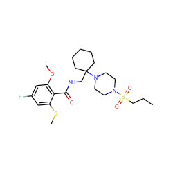 CCCS(=O)(=O)N1CCN(C2(CNC(=O)c3c(OC)cc(F)cc3SC)CCCCC2)CC1 ZINC000095582594