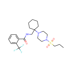 CCCS(=O)(=O)N1CCN(C2(CNC(=O)c3ccccc3C(F)(F)F)CCCCC2)CC1 ZINC000095585150