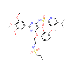 CCCS(=O)(=O)NCCOc1nc(-c2cc(OC)c(OC)c(OC)c2)nc(NS(=O)(=O)c2ccc(C(C)C)cn2)c1Oc1ccccc1OC ZINC000003934529