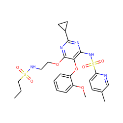 CCCS(=O)(=O)NCCOc1nc(C2CC2)nc(NS(=O)(=O)c2ccc(C)cn2)c1Oc1ccccc1OC ZINC000028099315