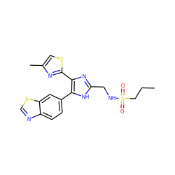 CCCS(=O)(=O)NCc1nc(-c2nc(C)cs2)c(-c2ccc3ncsc3c2)[nH]1 ZINC000095562916