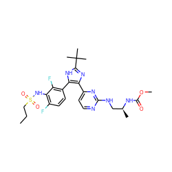 CCCS(=O)(=O)Nc1c(F)ccc(-c2[nH]c(C(C)(C)C)nc2-c2ccnc(NC[C@H](C)NC(=O)OC)n2)c1F ZINC000169694701