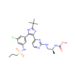 CCCS(=O)(=O)Nc1cc(Cl)cc(-c2[nH]c(C(C)(C)C)nc2-c2ccnc(NC[C@H](C)NC(=O)OC)n2)c1 ZINC000169694637