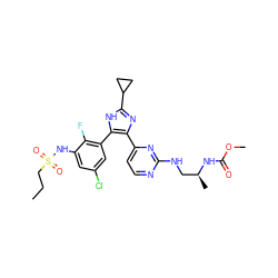 CCCS(=O)(=O)Nc1cc(Cl)cc(-c2[nH]c(C3CC3)nc2-c2ccnc(NC[C@H](C)NC(=O)OC)n2)c1F ZINC000169694655
