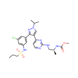 CCCS(=O)(=O)Nc1cc(Cl)cc(-c2nn(C(C)C)cc2-c2ccnc(NC[C@H](C)NC(=O)OC)n2)c1 ZINC000148886928