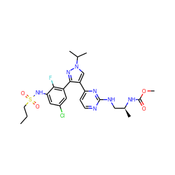 CCCS(=O)(=O)Nc1cc(Cl)cc(-c2nn(C(C)C)cc2-c2ccnc(NC[C@H](C)NC(=O)OC)n2)c1F ZINC000143829336