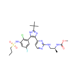CCCS(=O)(=O)Nc1cc(F)cc(-c2[nH]c(C(C)(C)C)nc2-c2ccnc(NC[C@H](C)NC(=O)OC)n2)c1Cl ZINC000169694666