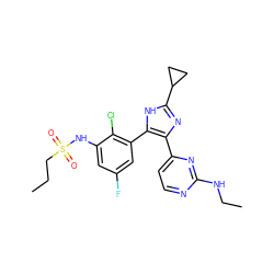 CCCS(=O)(=O)Nc1cc(F)cc(-c2[nH]c(C3CC3)nc2-c2ccnc(NCC)n2)c1Cl ZINC000096174557