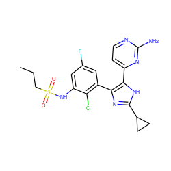 CCCS(=O)(=O)Nc1cc(F)cc(-c2nc(C3CC3)[nH]c2-c2ccnc(N)n2)c1Cl ZINC000168887104