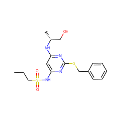 CCCS(=O)(=O)Nc1cc(N[C@H](C)CO)nc(SCc2ccccc2)n1 ZINC000143515680